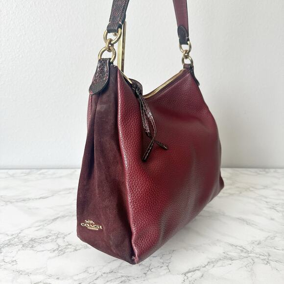 Coach Shay Shoulder Bag w Snakeskin Detail Maroon Pebble Leather & Suede zip top - Picture 1 of 16